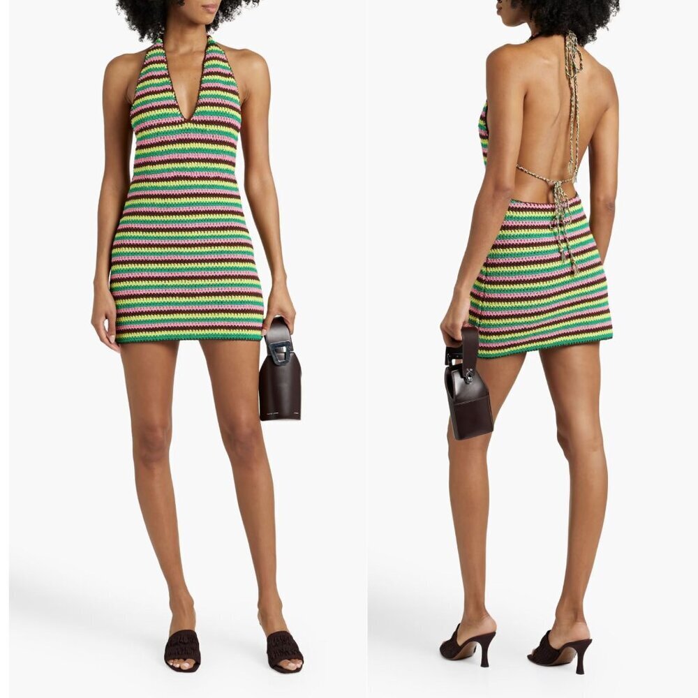 Frame x Julia Sarr Jamois Pink Green Striped Crochet Halter Mini Dress Size M - Picture 10 of 11
